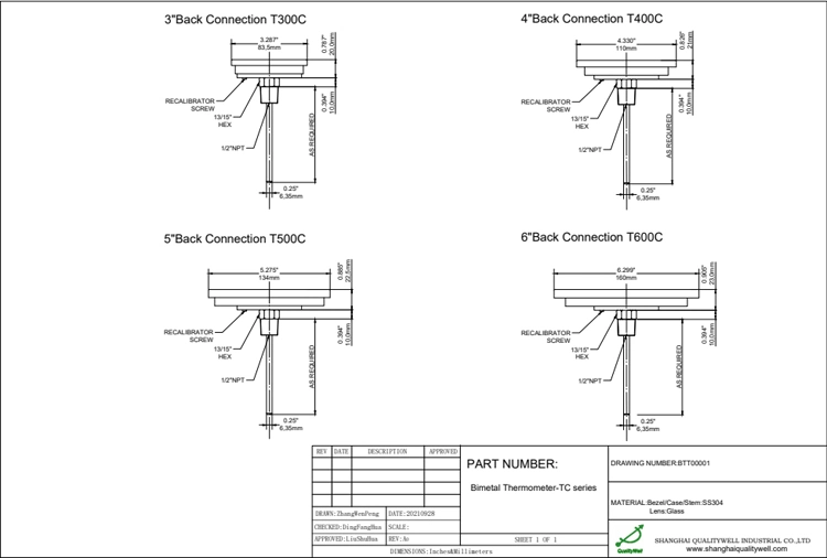 Hermetically Sealed Bezel Back Connection Mechanical Temperature Instrumentation Thermometer